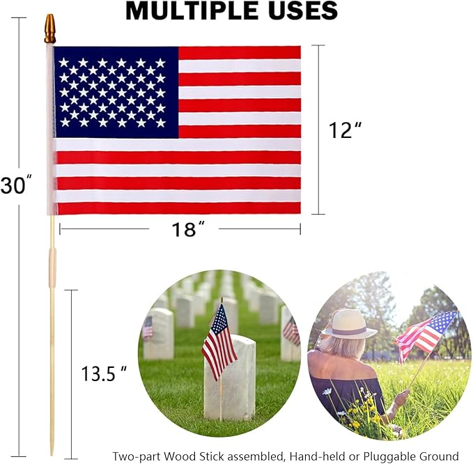 12 Pack 12x18 Inch American Flags for Outside, US Flags with Kid-Safe Spear Top ,American Flags on Stick, Patriotic Decorations,Perfect for Flag Day, Memorial Day, Independence Day Patriotic Holiday Yard Garden Flags-BloomoryGarden
