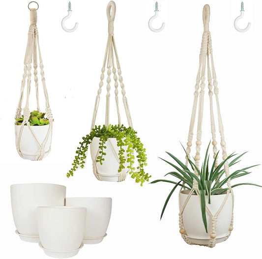 Macrame Plant Hangers with Pots and Saucers, 3 Pack Hanging Planters for Indoor Plants Hanging Plant Holders with Hooks 34" / 26" / 20"-BloomoryGarden