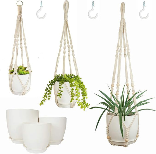 Macrame Plant Hangers with Pots and Saucers, 3 Pack Hanging Planters for Indoor Plants Hanging Plant Holders with Hooks 34" / 26" / 20"-BloomoryGarden