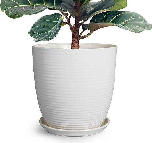 12 Inch Ceramic Planter Pot, Large Planter Pot with Drainage Hole and Saucer Round Flower Pot for Indoor Outdoor Plants, White-BloomoryGarden