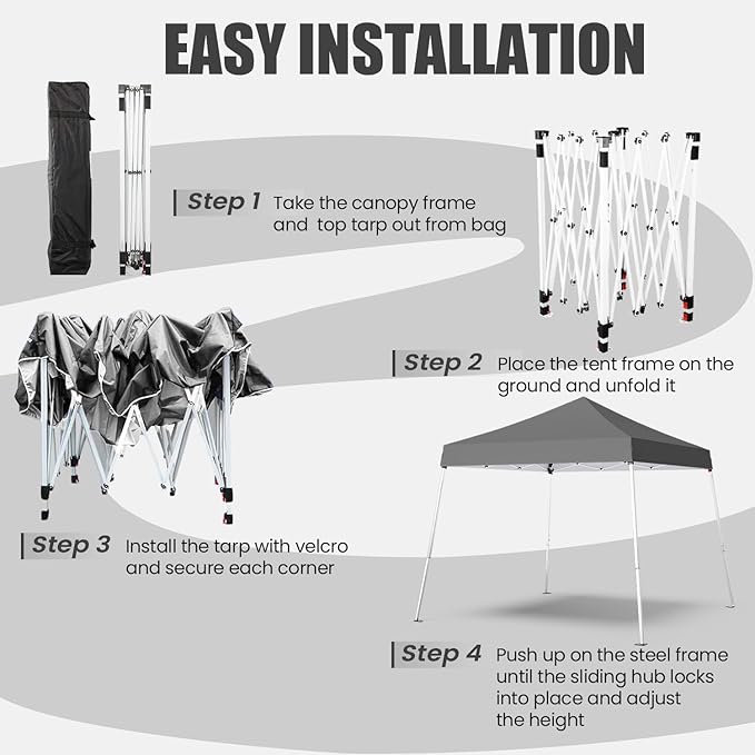 10x10 Pop Up Canopy, 300D Silver Coated Grey Fabric Outdoor Gazebo, Beach Tent Slant Legs with Storage Bag,Easy Up Sun Shade Shelter Tents with 8x8 Top Cover for Patio,Party-BloomoryGarden
