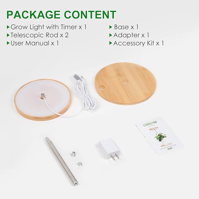 LORDEM Bamboo Grow Light, LED Plant Light for Indoor Plants Growing, Full Spectrum Bamboo Desk Growth Lamp with Automatic Timer for 4H/8H/12H, 4 Dimmable Levels, Height Adjustable-BloomoryGarden