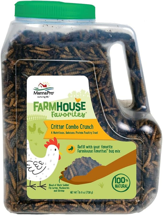 Manna Pro Farmhouse Favorites Critter Combo Crunch Bug Jug – Engaging Poultry Treat – Blend of Black Solider Fly Larvae, Mealworms & Shrimp – Great Source of Protein – Encourages Foraging – 25oz-BloomoryGarden