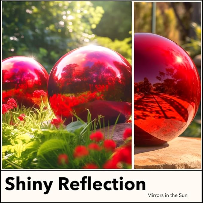 10 Inch Stainless Steel Gazing Globe,v2croft Hollow Ball Mirrored Surface Polished Shiny Sphere,Garden Stainless Steel Gazing Ball for Outdoor Lawn Pond Yard Ornament(red)-BloomoryGarden