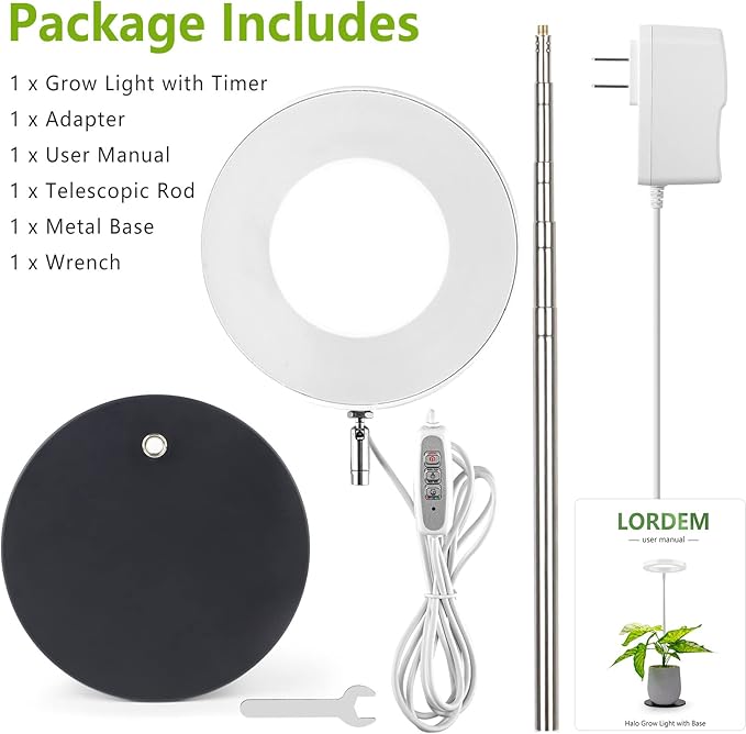 LORDEM Grow Light, LED Plant Light for Indoor Plants Growing, Full Spectrum Desk Growth Lamp with Automatic Timer for 4H/8H/12H, 4 Dimmable Levels, Height Adjustable 9.8"-30.6"-BloomoryGarden
