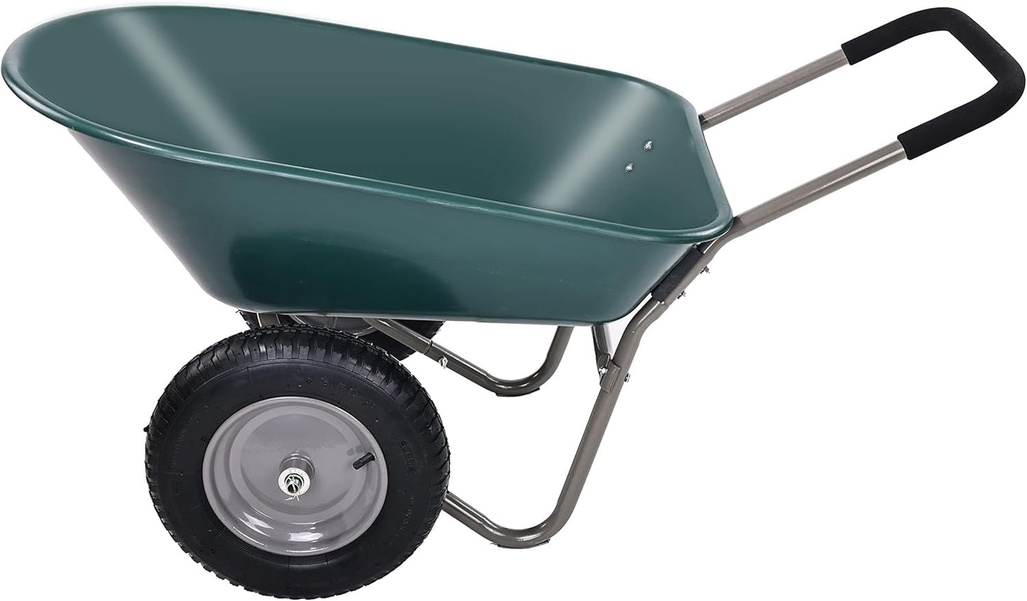 Wheelbarrow Garden Cart, Heavy Duty Home Utility, Dual-Wheel Home Garden Yard Utility Wheelbarrow Cart with Built-in Stand, Green-BloomoryGarden