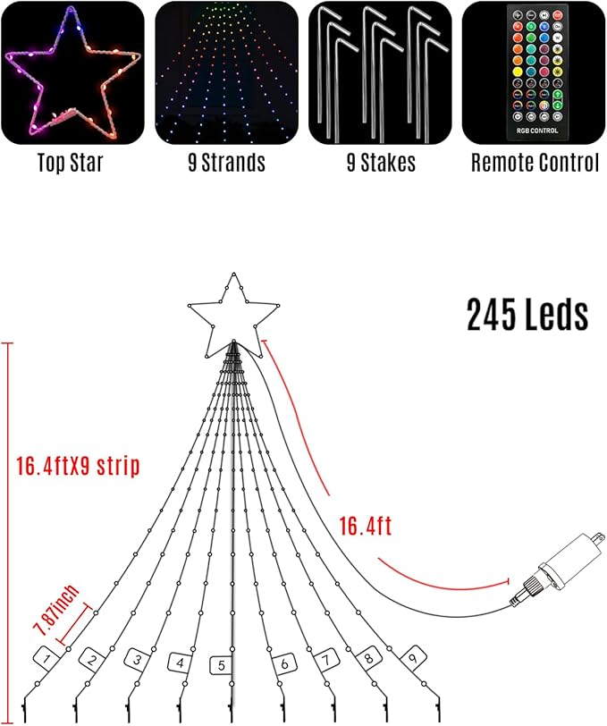 16.5FT Outdoor Christmas Decorations Tree Lights for Yard, Dynamic Star String Lights Waterfall App Control Color Changing Music Timer, Christams Lights Plug in 245 LEDs for Outside Xmas Home Decor-BloomoryGarden