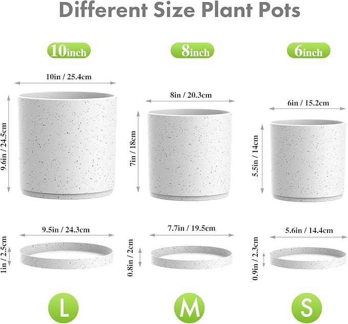 10/8/6 inch Deep Flower Pots, Cylinder Large Plant Pots for Outdoor Indoor Plants, 3 Pack Tall Plastic Planters with Drainage Holes and Saucers for Garden House Plants, Speckled White-BloomoryGarden