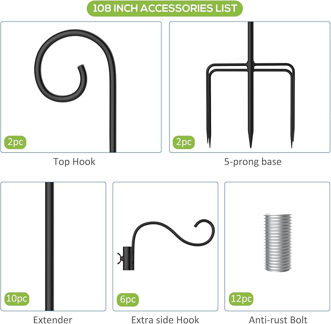 108 Inch Shepherds Hooks for Outdoor 2 Pack, Bird Feeder Poles with 4 Hooks, Shepherds Hook for Bird Feeders Outside with Base, Garden Pole for Hanging Plant Baskets, Weddings Decor (108 Inch)-BloomoryGarden