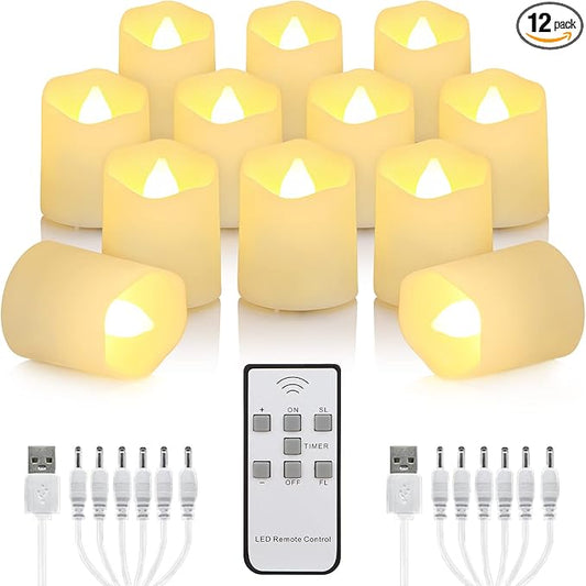 12 PCS Rechargeable Candles Flameless Tea Lights with Remote, USB LED Tealights with Timer Flickering Fake Candle, Votive Tea Light for Halloween, Holiday, Christmas, Party, Home Decorations-BloomoryGarden