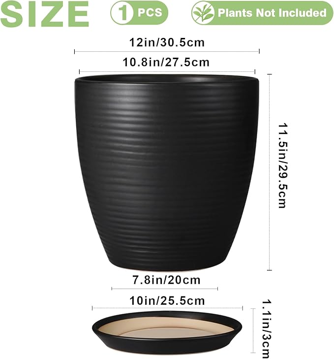 12 Inch Pots for Plants - Ceramic Planter Pot, Large Flower Pot with Drainage Hole and Saucer for Home Patio Garden Office Indoor Outdoor, Black-BloomoryGarden