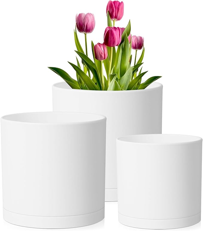 10/8/6 inch Deep Flower Pots, 3 Pack Cylinder Tall Plant Pots for Outdoor Indoor Plants, Large Decorative Plastic Planters with Drainage Holes and Saucers for Garden House Plants, White-BloomoryGarden