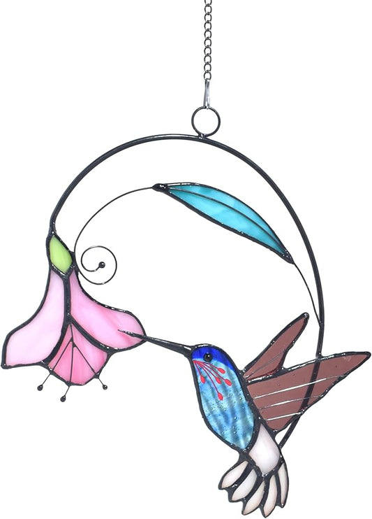 Lolitarcrafts Stained Glass Hummingbird Window Hangings with Flowers, Bird Stained Glass Suncatcher for Window Decor Hummingbird Gifts for Mom,Bird Lovers (Blue with Flower B)-BloomoryGarden