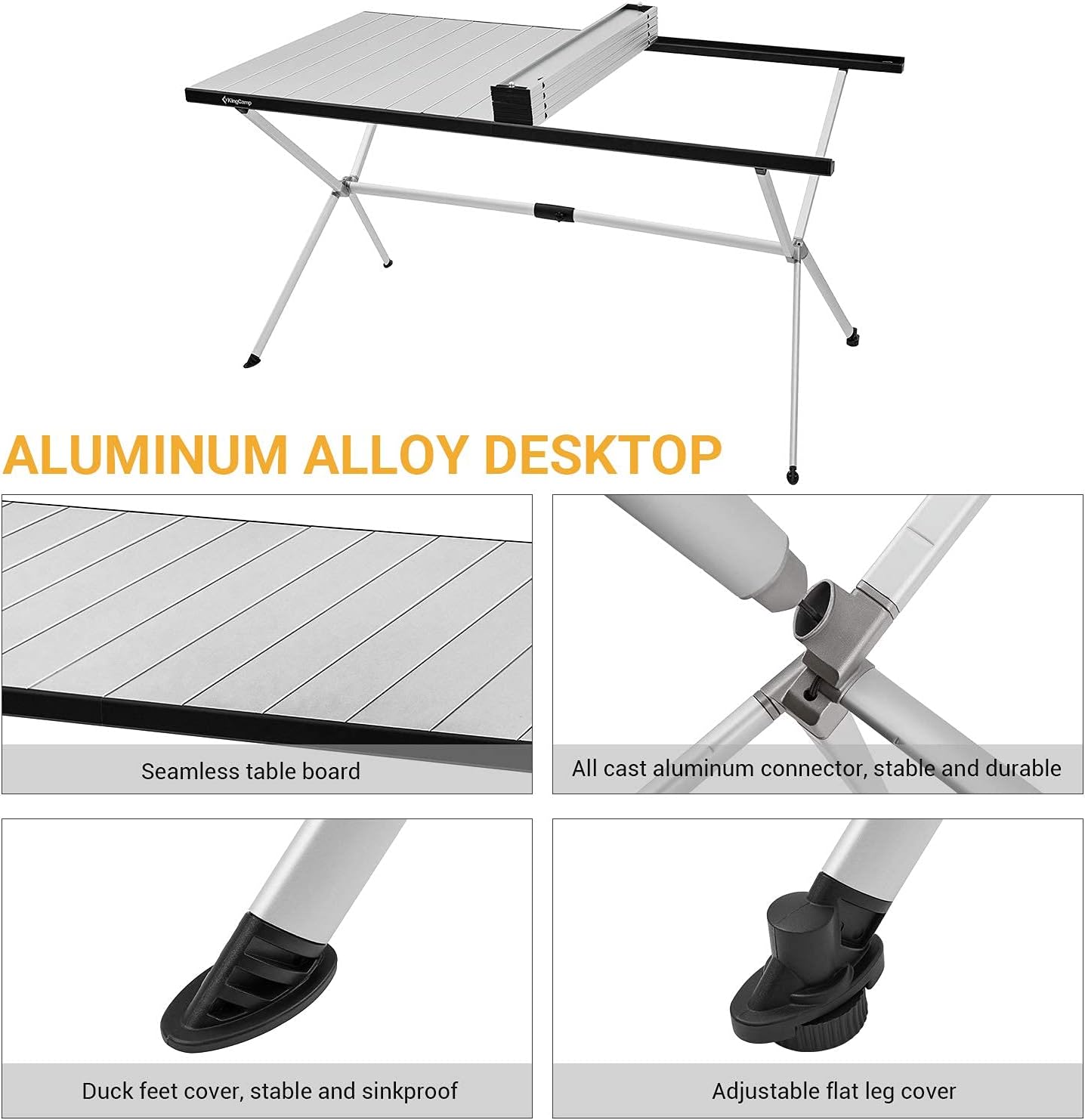 KingCamp Camping Table Roll up Aluminum Folding Table Lightweight Large Portable Foldable Camp Table for Picnic Camping Barbecue Backyard Beach Tailgate Indoor Outdoor, 4-6 Person, Support 176lbs-BloomoryGarden