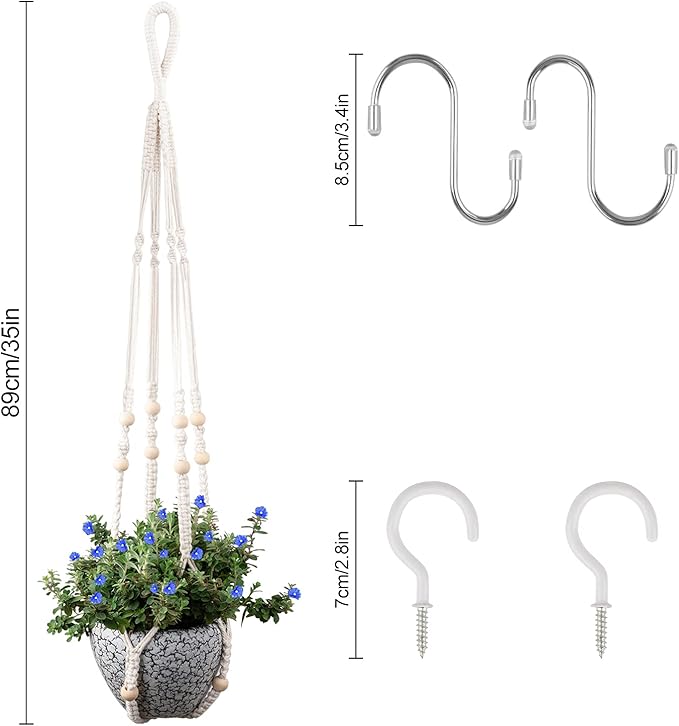 Macrame Plant Hanger for 5 to 10 Inch Plant Pots, Set of 2 Indoor Handmade 35 Inch Woven Rope Hanger Kits with Hooks and Wood Beads, Hanging Planter Basket Holder for Boho Home Decor (White, 2 Pack)-BloomoryGarden