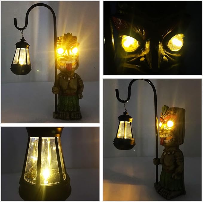 16.7" H Tiki Decor Garden Statue,Large Lantern Tiki Figurine with Solar Lights,Hawaiian Tiki Man Outdoor Patio Yard Lawn Bar Party Beach Pool Pond Halloween Christmas Decoration Ornament Gifts-BloomoryGarden