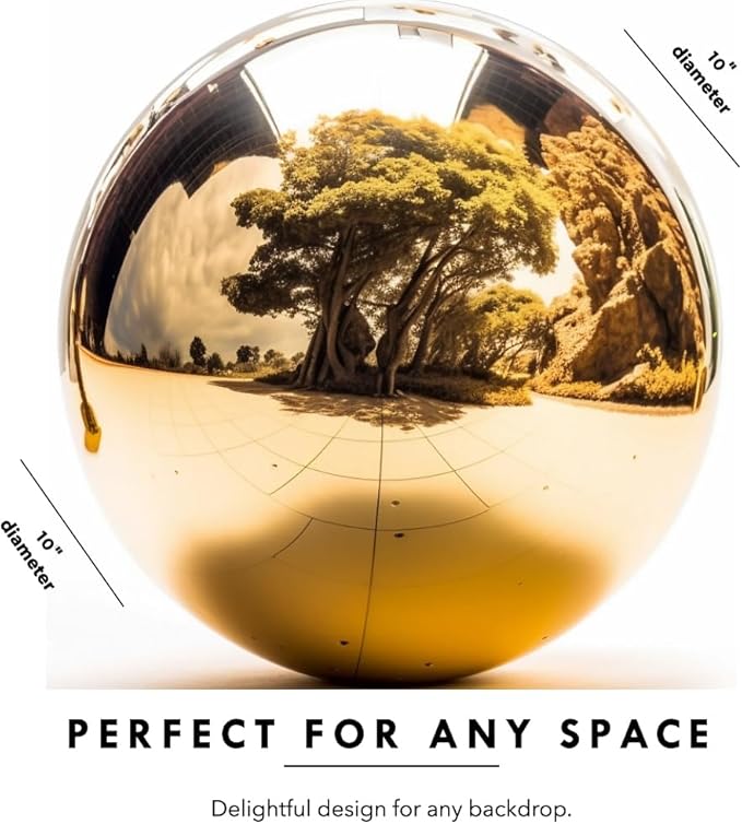 10 Inch Stainless Steel Gazing Globe,v2croft Hollow Ball Mirrored Surface Polished Shiny Sphere,Garden Stainless Steel Gazing Ball for Outdoor Lawn Pond Yard Ornament(Gold)-BloomoryGarden