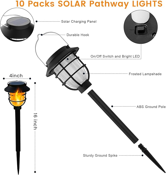 10 Pack Solar Pathway Lights Outdoor - Bright Solar Powered Garden Lights with Flickering Flame, Auto On/Off Waterproof Path Lights Decorative, Landscape Lighting for Yard Patio Walkway Driveway-BloomoryGarden