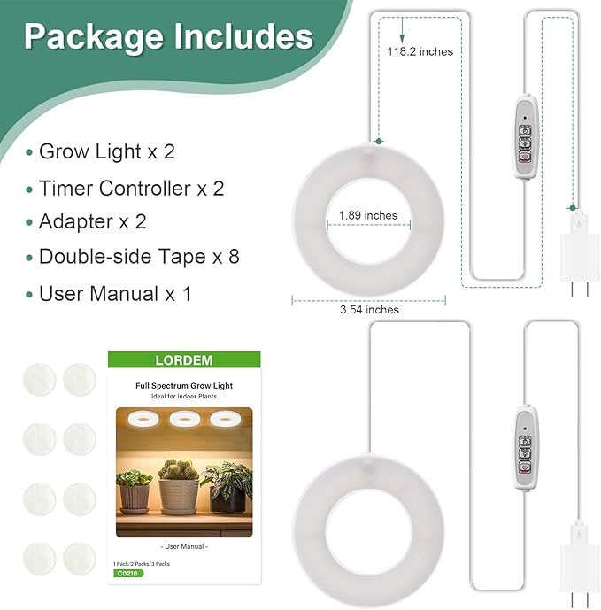 LORDEM Grow Light for Indoor Plants, 48 LEDs Ceiling Full Spectrum Plant Light, 5V Corded Growing Lamp with 4/8/12H Auto Switch, 4 Dimmable Brightness Levels, Single-Head, 2 Pack-BloomoryGarden