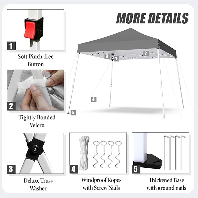 10x10 Pop Up Canopy, 300D Silver Coated Grey Fabric Outdoor Gazebo, Beach Tent Slant Legs with Storage Bag,Easy Up Sun Shade Shelter Tents with 8x8 Top Cover for Patio,Party-BloomoryGarden