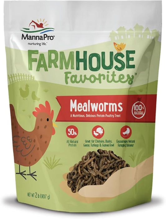 Manna Pro Farmhouse Favorites Mealworms Poultry Treat - Protein Treat for Chicken - Poultry, Turkey, Ducks, Geese, and Guinea Fowl Treat - Contains 50% Protein - 100% Natural Poultry Snack - 2lbs-BloomoryGarden
