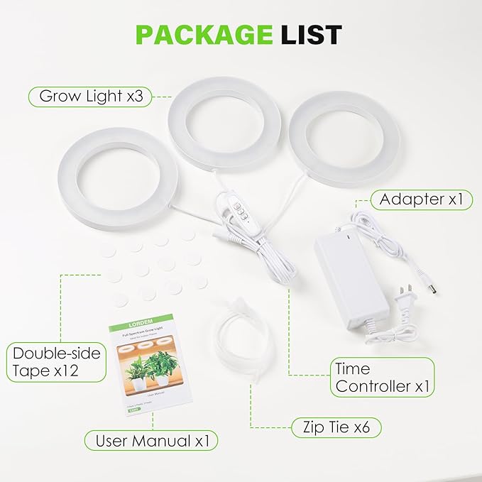 LORDEM 6.3” Ceiling Grow Lamp for Indoor Plants, 216 LEDs Full Spectrum Halo Plant Light, Under Cabinet Grow Lights with 4/8/12H Auto Timer, 3 Switch Modes, 4 Dimmable Brightness Levels, Tri Head-BloomoryGarden