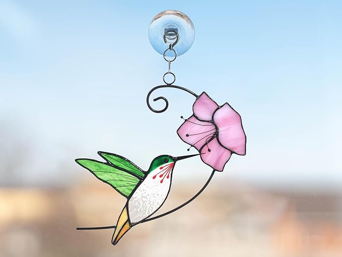 Lolitarcrafts Hummingbird with Flower Stained Glass Suncatcher Bird Stained Glass Window Hangings Hummingbird Gift for Home Decor (Green with Flower)-BloomoryGarden