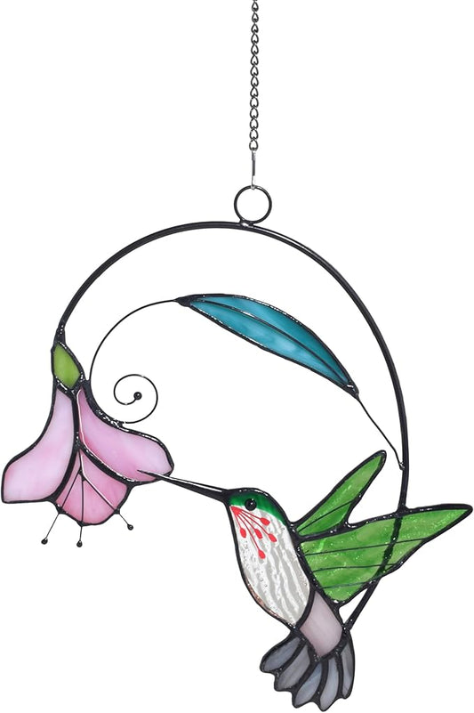Lolitarcrafts Stained Glass Hummingbird Window Hangings with Flowers, Bird Stained Glass Suncatcher for Window Decor Hummingbird Gifts for Mom,Bird Lovers (Green with Flower A)-BloomoryGarden
