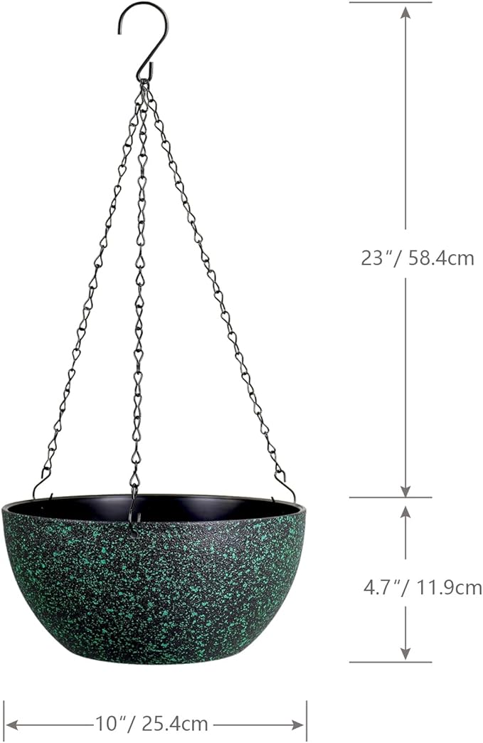 10inch Hanging Planters for Outdoor Indoor Plants with Drainage Holes and Chain, 2 Pack Round Hanging Flower Pots for Garden Home Porch Decor, Black with Green Speckles-BloomoryGarden