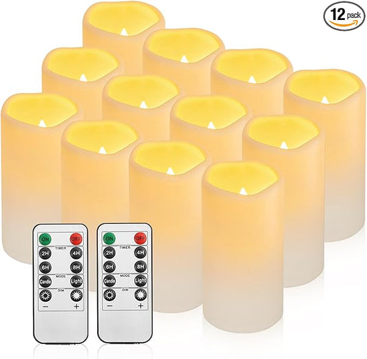 12PACK Waterproof Flameless Candles with Remote Control Candle, Battery Operated Flickering LED Pillar Candle Plastic,Large Size(D3 x H5.5) for Outdoor/Indoor Decoration Wedding, Party, Birthday-BloomoryGarden
