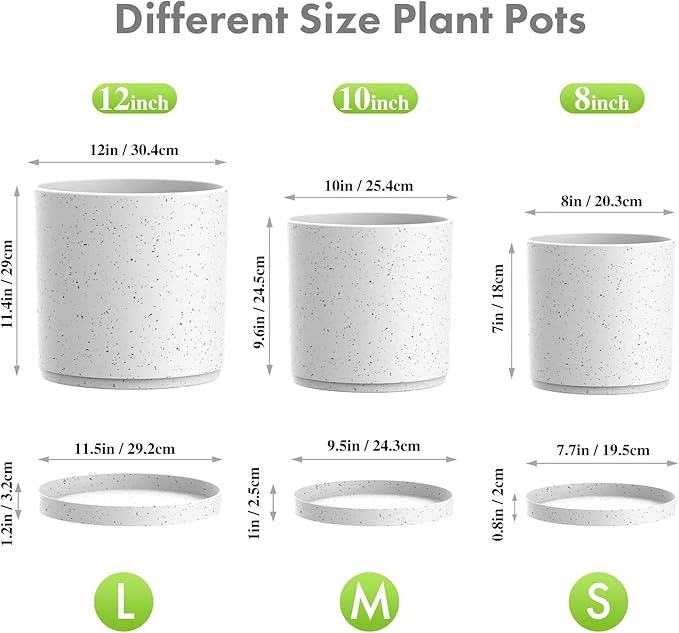 12/10/8 inch Large Plant Pots, 3 Pack Cylinder Deep Flower Pots for Outdoor Indoor Plants, Tall Plastic Planters with Drainage Holes and Saucers for Garden House Plants, Speckled White-BloomoryGarden