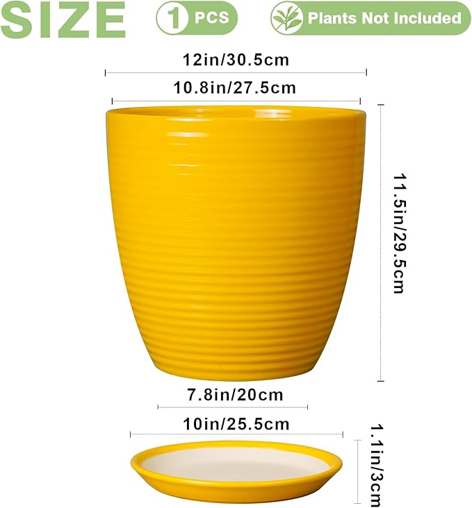 12 Inch Pots for Plants - Ceramic Planter for Indoor Plants Large Plant Pot with Drainage Hole and Saucer Round Outdoor Flower Pot for Garden Home Patio Office Yellow-BloomoryGarden