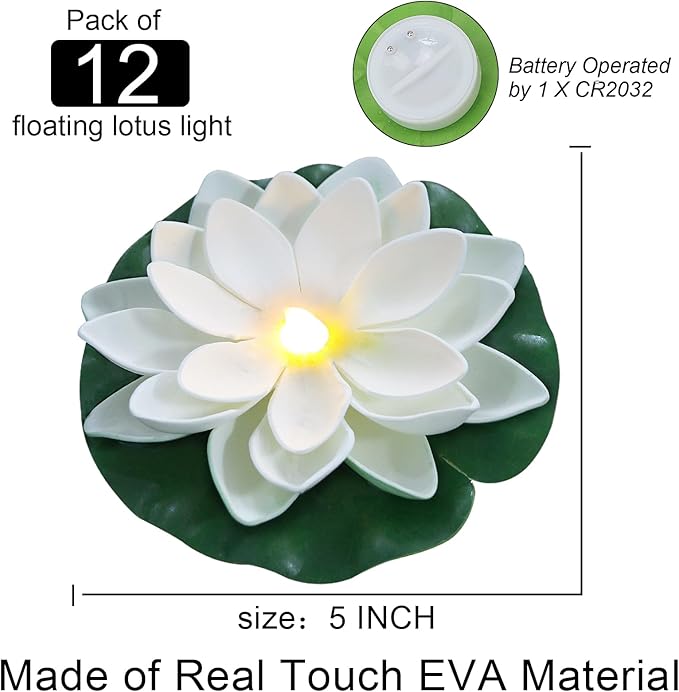 12 PCS Waterproof Floating Lotus Light - Floating Flower Light Battery Operated Water Activated Warm White Pool Flower Lamp Wedding,Anniversary,Garden Decoration-BloomoryGarden