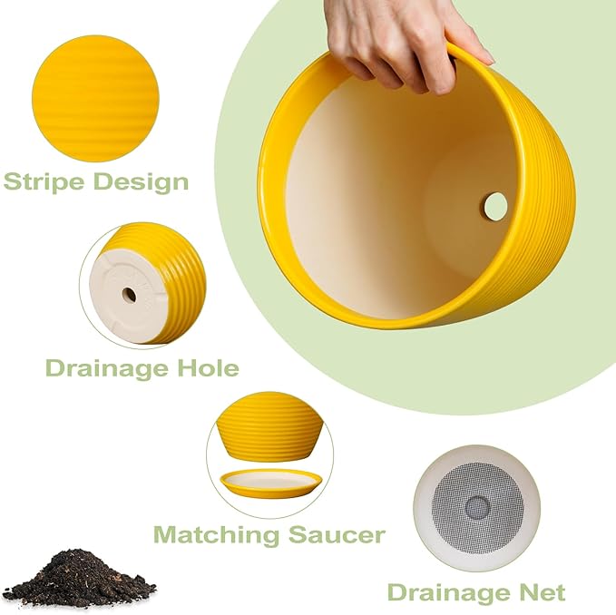 12 Inch Pots for Plants - Ceramic Planter for Indoor Plants Large Plant Pot with Drainage Hole and Saucer Round Outdoor Flower Pot for Garden Home Patio Office Yellow-BloomoryGarden