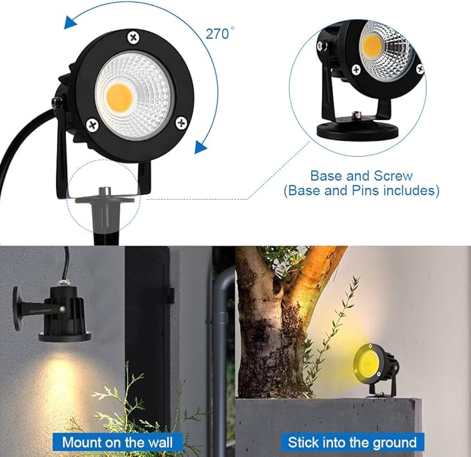 12W LED Landscape Spotlight,120V Landscape Lighting Outdoor for Mounted Flag Pole Light,IP65 Landscape Lights Warm White Garden Decorative Lamp 6FT Cord with US 3 Prong (Base,Stake Included)-BloomoryGarden