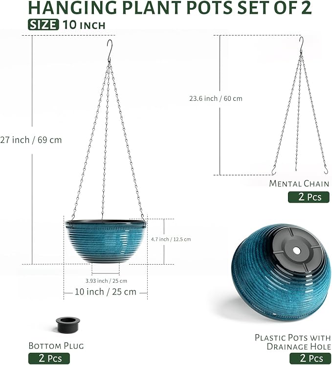10in Hanging Planters for Indoor and Outdoor Plants, 2 Pack Hanging Planter with Drainage Hole, Round Hanging Flower Pots for Garden Home Decor (Blue)-BloomoryGarden