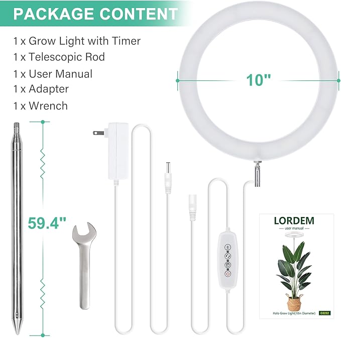 LORDEM 10" Grow Light for Indoor Plants, Full Spectrum Plant Lamp with160 LEDs, 4H/8H/12H Timer, 10 Dimmable Levels, 3 Spectrum Modes, Height Adjustable 61", Ideal for Growing Large Tall Plants-BloomoryGarden