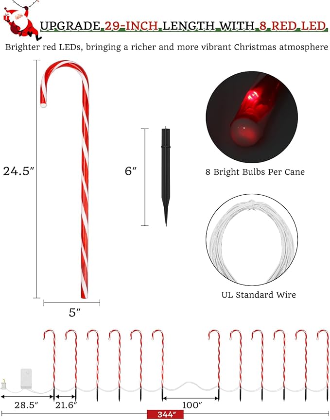 Luditek 24.5 inch Christmas Candy Cane Pathway Markers Set of 12 Christmas Outdoor Outside Decorations Lights 8 Blinking Modes Indoor Holiday Xmas Yard Patio Garden Walkway Decor-BloomoryGarden