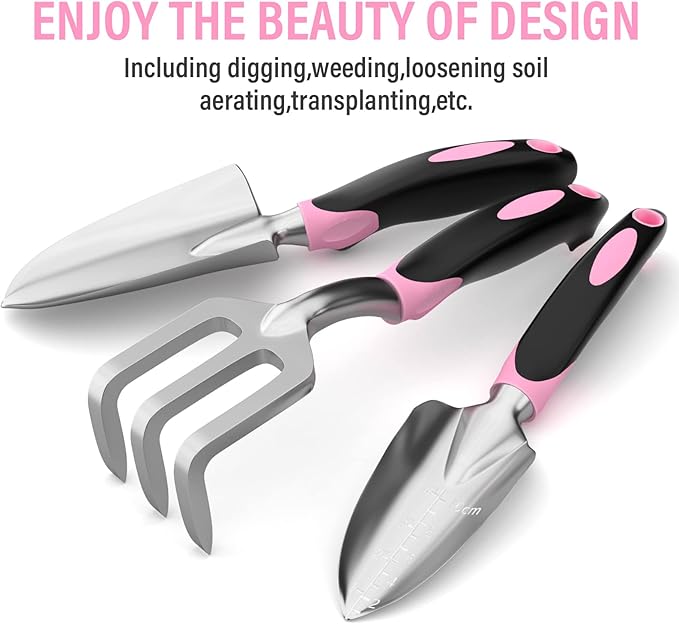 Garden Tool Set SOYUS Heavy Duty 3 Piece Gardening Hand Tools Aluminum Garden Shovel for Planting Hand Trowel Cultivator Rake with Ergonomic Non-Slip Rubber Grip Pink Gardening Gifts for Women-BloomoryGarden
