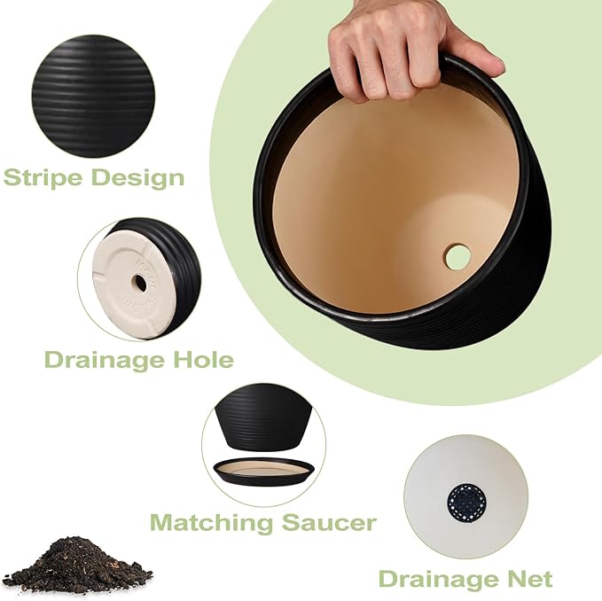 12 Inch Pots for Plants - Ceramic Planter Pot, Large Flower Pot with Drainage Hole and Saucer for Home Patio Garden Office Indoor Outdoor, Black-BloomoryGarden