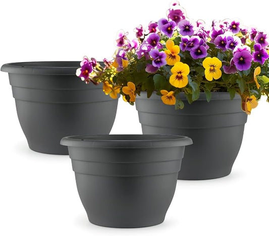 11 Inch Plant Pots, 3 Pack Planters for Indoor Ourdoor Plants, Round Plastic Flower Pots, Large Planters with Drainage Hole and Plug, Gray-BloomoryGarden