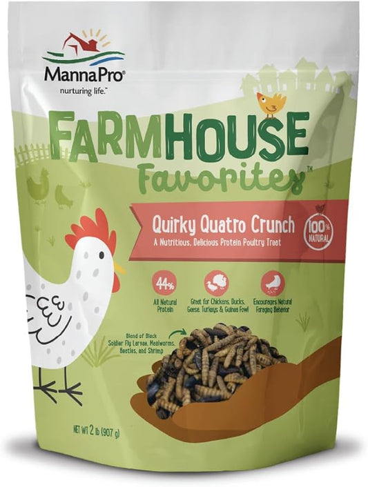 Manna Pro Farmhouse Favorites Quirky Quatro Crunch – 100% Natural Protein Treat for Mixed Flocks – Blend of Black Solider Fly Larvae, Mealworms, Beetles & Shrimp – 2lb-BloomoryGarden