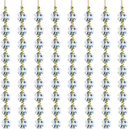 12.5 FT Crystal Glass Strand, Garland Octagon Beads Chandelier Crystal Prism Replacement for Hanging Clear with Golden Clips-BloomoryGarden