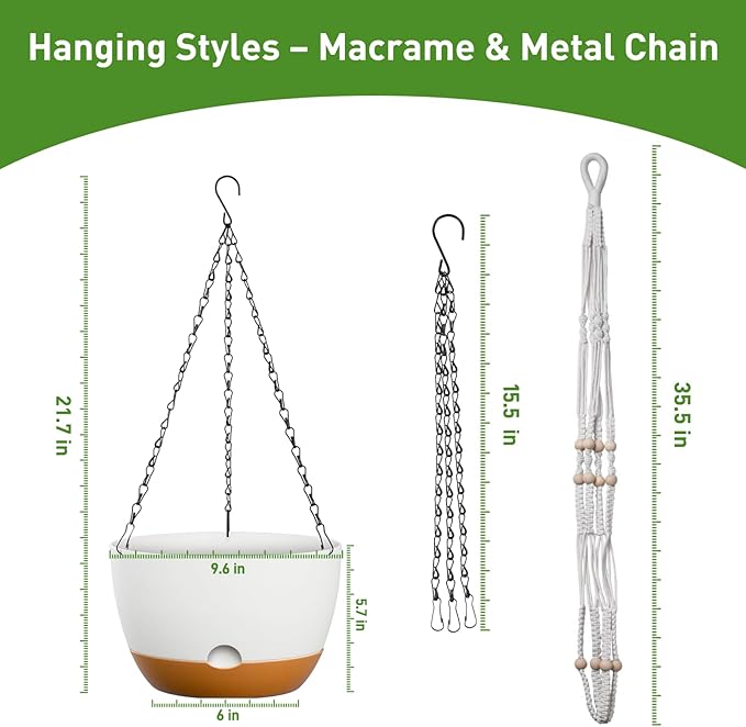 10 Inch Hanging Planters for Indoor & Outdoor Use (2 Pack) - Self-Watering & Drainage Flower Pots with Chain & Macrame Hangers (White, 10 in)-BloomoryGarden