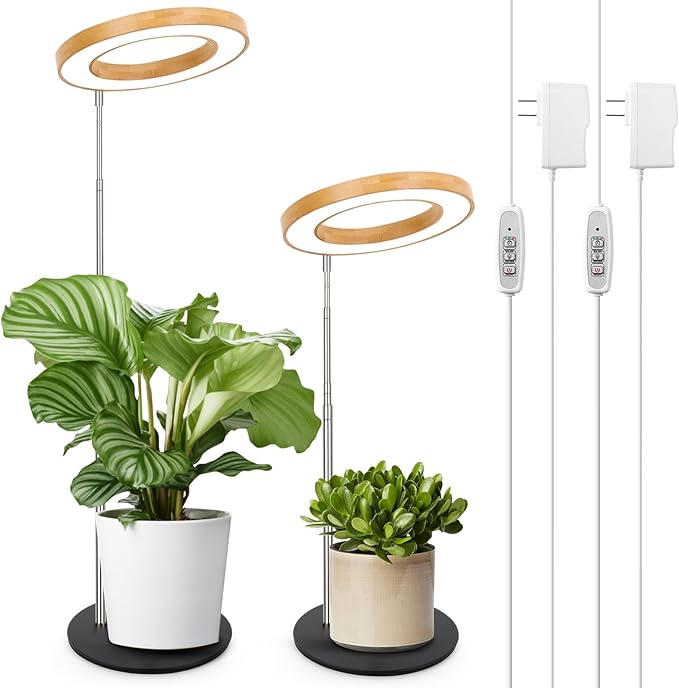 LORDEM Bamboo Grow Light for Indoor Plants, Full Spectrum Plant Light for Indoor Growing, Desk LED Grow Lamp with Auto On/Off Timer for 4H/8H/12H, 4 Dimmable Levels, Height Adjustable, 2 Pack-BloomoryGarden