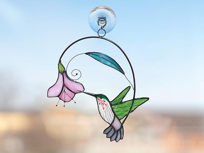 Lolitarcrafts Stained Glass Hummingbird Window Hangings with Flowers, Bird Stained Glass Suncatcher for Window Decor Hummingbird Gifts for Mom,Bird Lovers (Green with Flower A)-BloomoryGarden