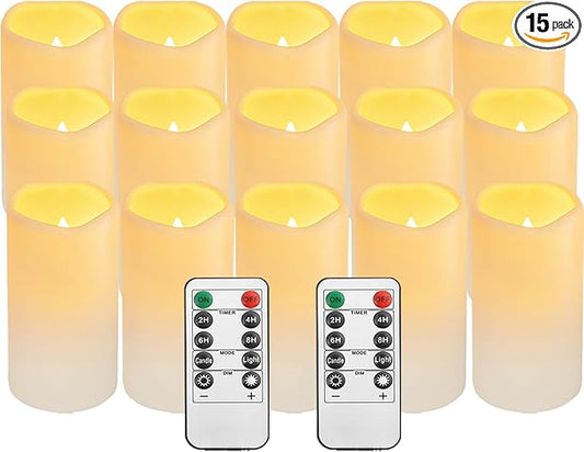 15Pack Waterproof Flameless Remote Control Candles (D3''*H5.5''） Battery Operated Flickering LED Pillar Candle，plastic with 10-Key 24Hours Timer for Outdoor/Indoor Party Garden Lanterns Porch Ivory-BloomoryGarden