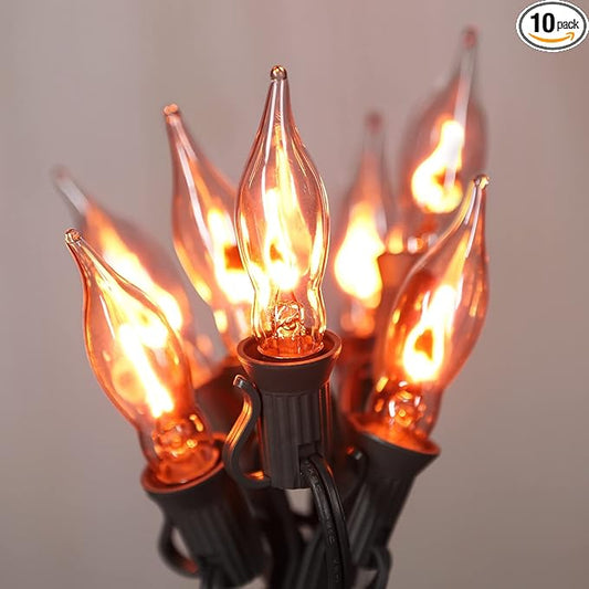 12.8Ft Christmas Lights Flickering Flame String Lights with 12 Pack Clear C7 Flame Light Bulbs（2 Spare）, Great for Indoor Outdoor Home Patio Party Christmas Decorations Lights, 1W, E12 Base-BloomoryGarden