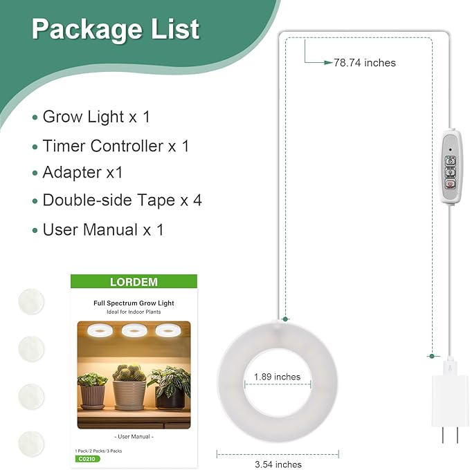 LORDEM Grow Light for Indoor Plants, 48 LEDs Ceiling Full Spectrum Plant Light, 5V Corded Growing Lamp with 4/8/12H Auto Switch, 4 Dimmable Brightness Levels, Ideal for Small Plants-BloomoryGarden