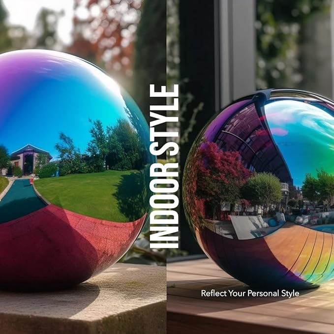 10 Inch Stainless Steel Gazing Globe,v2croft Hollow Ball Mirrored Surface Polished Shiny Sphere,Garden Stainless Steel Gazing Ball for Outdoor Lawn Pond Yard Ornament(rainbow)-BloomoryGarden
